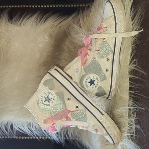 Pink and White Heart Detail Hightop Converse- Kids size